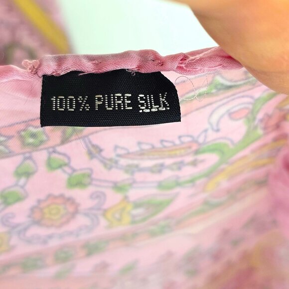 Women's Blush Pink Yellow Paisly 100% Silk Rectangular Scarf Wrap 70x19 - Picture 6 of 6
